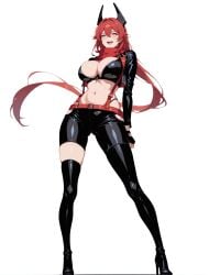 ai_generated big_breasts cleavage goddess_of_victory:_nikke high_heel_boots jacket midriff red_hair red_hood_(nikke) shu yellow_eyes