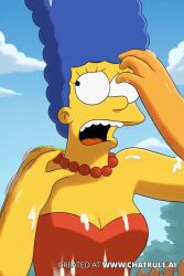 ai_generated ai_slop_(low_quality_ai) awful bad_ai bad_anatomy blue_hair cum-covered cum_dripping cum_on_accessories cum_on_arms cum_on_body cum_on_breasts cum_on_chest cum_on_clothes cum_on_clothing cum_on_dress cum_on_face cum_on_hair cum_on_jewelry cum_on_skin large_breasts marge_simpson pearl_necklace simpsons slop_art strapless_red_dress tagme tentacle tentacle_sex the_simpsons video watermark yellow_skin