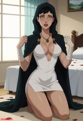 1girls ai_generated barefoot batman:_hush batman_(series) breasts bubbleteexl catwoman cleavage dark_hair dc dc_comics feet female female_focus green_eyes half-dressed half_naked light-skinned_female light_skin pale-skinned_female pale_skin pixie_cut red_lipstick selina_kyle short_hair