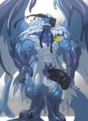 anthro ass avian balls big_balls big_penis bird blowjob blue_body clone cock dick engis_(trencalos) fellatio furry fusion gay glowing_eyes goo_creature homosexual male male/male male_only male_penetrating merging muscles muscular muscular_male penetration penis restrained sex shark shark_tail slime stripes testicles tongue tongue_out trencalos vein veiny_penis white_body wings