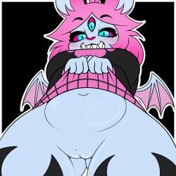 3_eyes anthro big_breasts breasts clothed clothing emberlynn_pinkle female flashing hair helluva_boss hi_res kloudmutt multi_eye pink_hair slightly_chubby solo upskirt