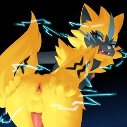 1boy 2017 anthro anus ass eyelashes fangs furry girly gradient_background half-closed_eyes hand_on_ass hi_res legendary_pokémon lightning male male_only male_zeraora manene nintendo nipples nude open_mouth penis pokémon_(species) pokemon pokemon_usm presenting presenting_anus presenting_hindquarters presenting_penis simple_background solo solo_male spreading testicles video_games zeraora