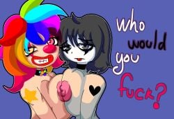 2girls arm_tattoo big_breasts big_nipples black_hair black_hair_female breasts breasts_out caritxxx clown clown_girl clown_hair clown_makeup colored_hair english english_text female heart-shaped_pupils heart_eyes love_eyes mime naked naked_female nipples no_background oc original_character original_characters pink_nipples self_upload short_hair simple_background tongue tongue_out twitter_link white_face white_face_paint white_facepaint