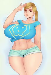 1girls azuca bimbo blonde_hair breasts cleavage eyeshadow female female_only huge_breasts lipstick looking_at_viewer makeup navel salute short_shorts shorts solo sunnysundown thick_thighs voluptuous world_of_warcraft