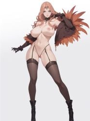 ai_generated bewitching_thighs blue_eyes brown_hair cleobulus_(fire_emblem) fire_emblem full_body high_heel_boots large_breasts naked shu stockings vagina