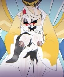 adam_(hazbin_hotel) angel angel_humanoid big_breasts blonde_hair blush bodily_fluids breast_grab breasts charlie_morningstar charlie_morningstar_(hazbin_hotel) closed_eyes clothed clothing demon demon_humanoid dominant dominant_male duo fangs feathers female genital_fluids genitals hair halo hazbin_hotel hi_res humanoid looking_pleasured male male/female masturbation nipples nyochandesuyo open_mouth open_smile pussy pussy_juice smile submissive submissive_female teeth thick_thighs tongue vaginal_fluids vaginal_masturbation wings yellow_body yellow_feathers