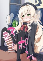 1boy after_sex after_vaginal bar_censor black_coat black_gloves black_pantyhose black_shirt blonde_hair blue_archive blush bow bowtie censored coat commentary_request condom condom_left_inside condom_on_penis cowgirl_position cowgirl_position erection female gloves green_eyes grin hair_intakes halo highres long_hair madotsukumo paid_reward_available pantyhose parted_lips penis professor_niyaniya_(blue_archive) pussy red_bow red_bowtie shirt smile sound_effects speech_bubble straddling straight teeth torn_clothes torn_pantyhose translation_request variant_set wavy_hair yellow_halo