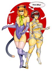 2d 2girls brown_hair busty cat_ears cat_tail catgirl daphne_blake female female_focus female_only halloween halloween_costume hanna-barbera hourglass_figure long_hair mummy mummy_costume mummy_wrappings red_hair scooby-doo short_hair somikoarts tagme velma_dinkley wide_hips