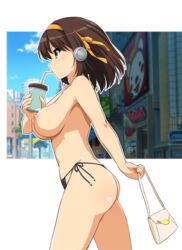 1girls absurdres alternate_version_available ass bag bangs behind-the-head_headphones blue_sky blush breasts brown_eyes brown_hair casual_nudity cloud day drinking_cup drinking_straw exhibitionism female hairband halterneck handbag haruhisky headphones highres large_breasts nipples no_bra outdoors panties public public_nudity public_topless road shop short_hair side-tie_panties sky solo street suzumiya_haruhi suzumiya_haruhi_no_yuuutsu topless topless_bikini tree unbuttoned underwear underwear_only