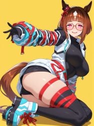 ai_generated animal_ears brown_hair costume female horse_girl markings_on_hair red_eyes ribbon_in_hair transcend_(umamusume) umamusume umamusume_pretty_derby