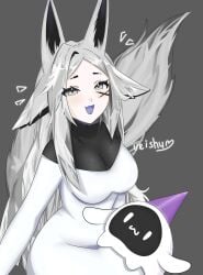 animal_ears blush breasts dya_rikku_(vtuber) female fox_ears fox_tail grey_background heart large_breasts long_hair looking_at_viewer oerba_yun_fang open_mouth simple_background smile solo tail tongue tongue_out vyugen white_hair