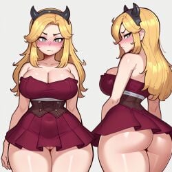 1girls ai_generated angry back_view blonde_hair dr.stone front_view hamburgerjoy headband hokutozai_minami horns mad no_panties red_dress upskirt white_background