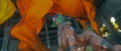 3d all_fours athletic athletic_female big_breasts big_thighs black_hair blowjob bunny_ears bunny_girl dark-skinned_female dark_skin final_fantasy final_fantasy_xiv gpose(ffxiv) grassfed_viera green_highlights horse horsecock lace_choker long_hair markings oral_sex outdoors player_character ponytail saliva sunglasses sunglasses_on_head tattoo throat_bulge viera watermark zoophilia