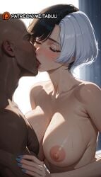 1boy ai_generated backlighting bald black_hair blue_nails blush breast_press breasts closed_eyes collarbone completely_nude dark-skinned_male dark_skin faceless faceless_male female french_kiss interracial kissing large_breasts luna_snow luna_snow_(marvel_rivals) male marvel marvel_comics marvel_rivals meitabuu multicolored_hair nail_polish nipples nude saliva short_hair split-color_hair straight sweat tagme tongue two-tone_hair upper_body very_dark_skin white_hair