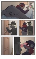 absurd_res animal_genitalia animal_penis animal_pussy anthro blackdog_(pencil_bolt) body_worship canid canine canine_genitalia canine_penis canine_pussy clothing comic door duo elbony_(pencil_bolt) female genital_worship genitals hat headgear headwear heart_eyes heart_symbol hi_res male male/female mammal pencil_bolt penile penis penis_worship pussy red_eyes tail tail_motion tailwag