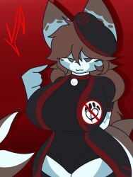 anthro anti_furry bell big_breasts commission furry furry_female logo multicolored_fin multicolored_tail no_sex only_female pointing_at_self shark_fin shark_girl shark_humanoid shark_tail shirt_logo smile solo_female thick_thighs