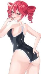 1girls 2d 2d_(artwork) ahoge ass ass_focus back_view big_ass blush blush breasts competition_swimsuit curvy curvy_female female female_only hand_on_ass hand_on_butt kasane_teto large_ass looking_at_viewer looking_back mamama_0001 red_eyes red_hair seductive seductive_look skin_tight solo solo_female swimsuit thick_thighs thighs tight_clothing twin_drills utau white_background wide_hips