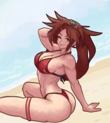 1girls arm_support ass beach big_ass big_breasts bikini breasts brown_hair busty cleavage fat_ass female female_only guilty_gear hi_res highres huge_ass kuradoberi_jam large_breasts legs long_hair looking_at_viewer looking_back ocean pose posing red_bikini seductive seductive_look seductive_smile sensual sexy sexy_pose sideboob sitting smile solo swimsuit thighs thong_bikini toned very_long_hair voluptuous water