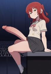 1futa ai_generated balls bocchi_the_rock! cock concert dickgirl erection futanari huge_balls huge_cock intersex kita_ikuyo red_hair sitting skirt smug smug_face stage uniform yamathegod_(style)