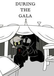 1boy 1girls candle chair comic comic_cover female glitch_productions hairbow hiding hugging hugging_from_behind human human_female male/female murder_drones n_(murder_drones) parody parody_comic parody_porn robot robot_boy robot_humanoid table tessa_elliot under_the_table yellow_eyes