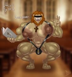1boy 1furry bara biceps big_biceps big_pecs black_mankini black_thong bobthetanuki buff bulge bulge_through_swimsuit bulge_under_swimsuit dick extrasizedbob furry furry_only lion male mankini muscular muscular_male orange_beard orange_hair pecs penis penis_exposed_on_mankini sexy thong