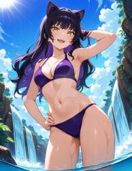 2025 ai_generated belly blake_belladonna cat_ears crunchyroll deviantart elryusam eyebrows_visible_through_hair forest hand_on_back hand_on_hip meta not_porn open_mouth orange_cheeks purple_bikini purple_eyebrows purple_hair_female rwby tummy tv_series tv_show waterfall wet_bikini wet_body wet_skin yellow_eyes_female