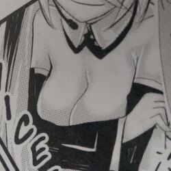 bending_forward big_breasts breast_press breasts breasts_getting_bigger breasts_squeezed_together cleavage deep_cleavage female hatsune_miku manga medium_breasts sexy_pose smirk topless topless_female vocaloid