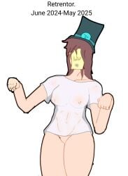 brown_hair covered_face retrentor retrentor_(femenine) shirt_only tophat topless translucent_clothing white_shirt