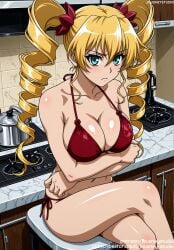 ai_generated aqua_eyes bangs bare_shoulders bikini bikini_bottom blonde_hair blue_eyes blush breast_hold breasts claire_harvey clavicle cleavage closed_mouth clothing crossed_arms crossed_legs drill_hair female female female_only frown hair_between_eyes hair_ornament hair_ribbon halterneck hundred indoors jousneystudio kitchen large_breasts long_hair looking_at_viewer navel red_bikini red_swimsuit ribbon shiny_skin side-tie_bikini_bottom side-tie_clothing side-tie_swimsuit sitting solo stove string_bikini swimsuit thighs twin_drills twintails