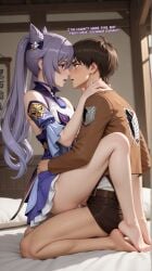 ai_generated attack_on_titan crossover eren_jaeger genshin_impact keqing_(genshin_impact)