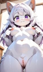 ai ai_art ai_generated anthro bedroom breast_fondling breasts completely_naked completely_naked_female completely_nude completely_nude_female naked naked_female nipple_play nipple_tweak nipples nude nude_female original original_character original_characters pixai tagme unknown_artist white_body white_fur white_hair yuriko_(oc)