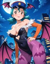 2025 4kids_entertainment ai_generated anime brown_eyes capcom city_background cosplay cosplayer darkstalkers deviantart elryusam green_eyebrows green_hair_female hand_on_hip hand_on_leg meta morrigan_aensland morrigan_aensland_(cosplay) nintendo not_porn officer_hat officer_jenny_(pokemon) pink_cheeks pokemon red_lipstick wings_on_back wings_on_head
