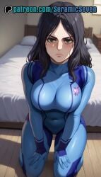 2d ai ai_generated anime anime_style attack_on_titan black_eyes bodysuit cosplay dark_hair eye_contact female_focus female_only frown frowning frowning_at_viewer hands_on_thighs kneeling light-skinned_female light_skin looking_at_viewer on_knees pieck_finger samus_aran_(cosplay) seramic_seven shingeki_no_kyojin skintight skintight_bodysuit skintight_clothing solo solo_female solo_focus thick thick_hips thick_thighs tight_clothes tight_clothing tight_fit unhappy unhappy_female zero_suit