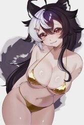 ahoge animal_ears antenna_hair arms_behind_back bangs bare_shoulders bikini black_hair blush breasts cleavage closed_mouth collarbone cowboy_shot female grey_background hair_ornament hairclip large_breasts long_hair looking_at_viewer mole mole_on_thigh momotexx_(vtuber) multicolored_hair navel red_eyes skindentation smile solo stomach streaked_hair swimsuit tail two-tone_hair vyugen yellow_bikini