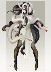 absurdly_long_hair artist_logo black_scales border breasts cleavage closed_mouth colored_skin commentary_request commission dress female full_body grey_border highres logo long_hair looking_at_viewer mabo9317 monster_girl multicolored_hair multicolored_skin one_eye_covered original plunging_neckline rectangle red_eyes sideboob skeb_commission slit_pupils snake snake_hair standing two-tone_dress two-tone_hair very_long_hair white_scales white_skin