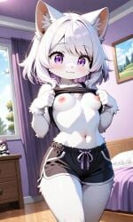 ai ai_art ai_generated anthro artificial_intelligence bed bed_sheet bedroom big_breasts breasts cat_girl cat_humanoid clothes_lift clothing crop_top cute feline female female_focus fur furry looking_at_viewer neko nipples original original_character original_characters pixai purple_eyes shorts smiling_at_viewer tagme undressing unknown_artist white_body white_fur white_hair yuriko_(oc)