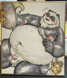 96panda anthro balls bear belly ben_bigger blush brown_body brown_fur cooking duo eyewear facial_scar flaccid food foreskin fried_rice fupa fur genitals giant_panda glasses hi_res male male/male mammal marker_(artwork) mihoyo missing_eye moobs navel nipples nude overweight pan_yin_hu penis rice scar small_penis traditional_media_(artwork) uncircumcised wok zenless_zone_zero