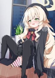 1boy bar_censor black_coat black_gloves black_pantyhose black_shirt blonde_hair blue_archive blush bow bowtie censored coat commentary_request condom condom_on_penis cowgirl_position cowgirl_position female gloves green_eyes hair_intakes halo highres long_hair madotsukumo open_mouth paid_reward_available pantyhose penis professor_niyaniya_(blue_archive) pussy red_bow red_bowtie sex shirt straddling straight textless_version torn_clothes torn_pantyhose vaginal_penetration variant_set wavy_hair yellow_halo