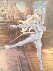 2025 3:4 absurd_res accessory anthro areola athletic athletic_anthro athletic_female big_breasts big_ears blonde_hair blurred_background bow_ribbon breasts burmecian colored_nails dancing eyelashes female final_fantasy final_fantasy_ix freya_crescent full-length_portrait fur furgonomics genitals grey_body grey_fur hair hair_over_eye hi_res inner_ear_fluff kromaticatrocity long_hair long_nails looking_at_viewer mammal midriff nails navel nipples nude on_one_leg orange_bow pink_areola pink_nails pink_nipples portrait pose pussy raised_arm ribbons rodent signature solo square_enix standing tail tail_accessory tail_bow tail_ribbon tuft white_eyelashes wide_hips