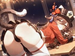 :3 absurd_res ai_generated all_fours animal_ears arm_support ass ass_focus bent_over black_headwear black_nails black_panties black_skirt blush boo_tao_(genshin_impact) breasts brown_hair brown_shirt brown_skirt cameltoe cat_ears cat_girl cat_tail chinese_clothes city cityscape closed_mouth crop_top dutch_angle female fireworks flower flower-shaped_pupils from_behind furry genshin_impact hair_between_eyes hat hat_flower hat_ornament hat_tassel heart-shaped_pupils hu_tao_(genshin_impact) indoors jewelry kemonomimi_mode long_hair long_sleeves looking_at_viewer looking_back medium_breasts midriff miniskirt ministro nail_polish night night_sky panties pleated_skirt plum_blossoms porkpie_hat red_eyes red_flower red_shirt ring shirt skindentation skirt sky small_breasts smile solo symbol-shaped_pupils table tail tassel thighhighs thighs top_hat twintails underwear upskirt very_long_hair whiskers white_thighhighs window