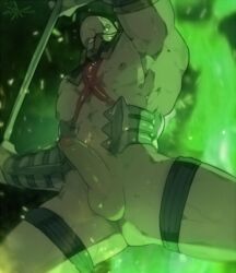 1boy armpits arms_up bara erection green_skin male male_only mask mugheyart muscle penis solo soul_calibur testicles weapon