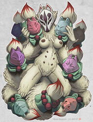 2017 anthro anthrofied breasts canine claws female fox furry kneeling looking_at_viewer loupgarou mammal mask multi_nipple multi_tail ninetails_(okami) nipples nude okami pussy simple_background solo