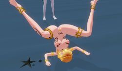 beach blonde_hair body_markings breasts defeated_villainess exhibitionism fallen_down green_eyes incoming_attack instant_loss large_breasts long_hair more_at_source original pink_eyes pink_hair pubic_hair public_indecency punched ryona sagging_breasts sexual_demon_tattoo villainess