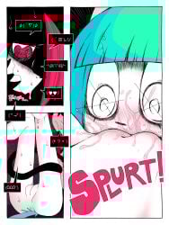 absurd_res anthro blue_hair bodily_fluids clothing comic cunnilingus drooling duo emoticon facesitting felid female female/female floor girl_a girl_b hair hi_res legwear mammal nipples oral orgasm pattern_clothing pattern_legwear ponporio saliva sex sitting_on_another striped_clothing stripes stripped_armwear tail vaginal_orgasm vaginal_penetration