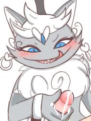 1boy 1boy1girl 1girls 2d 2d_(artwork) 32up anon anonymous_male anthro anthropomorphic anthropomorphic_cat blue_crystal blush blushing braid_bar cat cat_ears catgirl crystal crystal_on_forehead cum_leaking cum_leaking_out_of_penis detached_sleeves digital_drawing_(artwork) digital_media_(artwork) earrings eyebrows eyelashes female fur furry furry_female grabbing grabbing_penis gray_body gray_fur grim_eye grim_smile hand_on_penis heart heart_symbol human humanoid iz_the_dancer leaking_cum male male/female monster_form offscreen_character offscreen_male ponos_company ponos_corp. ring sharp_teeth simple_background tagme the_battle_cats tongue tongue_out video_game_character video_games white_background white_fur white_hair