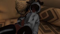 bunny_ears dark-skinned_male dark_skin effectively_nude erect_penis femboy functionally_nude glasses in_bed latex_thighhighs laying_down laying_on_back laying_on_bed purple_eyes self_upload solo solo_focus solo_male vrcfemboy vrchat vrchat_avatar white_hoodie white_sweater wink winking