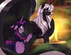 alicorn ass big_butt black_body candle doronkomajo duo equid equine feathered_wings feathers female female/female feral friendship_is_magic hair hasbro hi_res hooves horn hybrid lit_candle mammal mephitid my_little_pony mythological_creature mythological_equine mythology pupils purple_body quadruped scent skunk stink_fumes stinkface thick_thighs three-quarter_view twilight_sparkle_(mlp) white_hair white_sclera wings