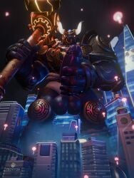 2025 2_horns 3:4 3d_(artwork) 3d_background absurd_res anthro armor artist_logo artist_name big_penis black_fingernails black_helmet black_nails blizzard_entertainment blue_lighting bottomwear bovid bovine breastplate city city_background clothing colored_nails digital_media_(artwork) erection european_mythology facial_piercing fingernails footwear frogtoa genitals glans glowing glowing_eyes greaves greek_mythology grey_body grey_skin hammer hi_res holding_hammer holding_melee_weapon holding_object holding_polearm holding_tool holding_weapon hooved_plantigrade hooved_toes hooves horn knee_pads logo loincloth looking_at_viewer looking_down looking_down_at_viewer low-angle_view macro_anthro macro_male male mammal masturbation melee_weapon minotaur minotaur_reinhardt muscular muscular_anthro muscular_male mythology nails night nose_piercing nose_ring overwatch penis piercing pink_lighting plantigrade polearm reinhardt_(overwatch) ring_piercing sandals septum_piercing septum_ring shoes sky solo spaulder text tools vambrace weapon white_bottomwear white_clothing white_horn white_loincloth yellow_eyes