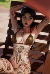 1girls 3d arms_up bare_shoulders beach bestreyever bikini bikini_bottom bikini_top black_hair braid braided_hair earrings epic_games female female female_only fortnite fortnite:_battle_royale freckles freckles_on_face full_body_tattoo golden_bikini jules_(fortnite) light-skinned_female light_skin lipstick long_hair navel_piercing piercing piercings septum_piercing sitting solo solo_female swimwear tagme tattoo tattoos two_piece_swimsuit