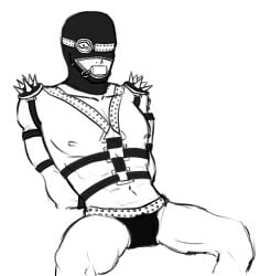 bdsm_gear bdsm_harness bondage bondage bondage_gear bondage_harness bondage_hood erection excited gag gagged jjba jojo's_bizarre_adventure secco